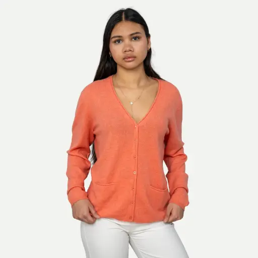 Pull cardigan court cachemire col V a boutons avec poches bord roulotté